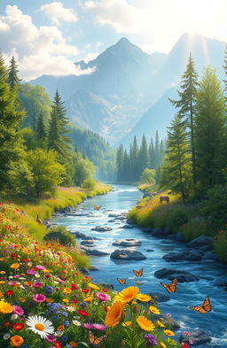 A serene landscape depicting the healing power of nature, featuring lush green trees, vibrant wildflowers in a rainbow of colors, a crystal-clear river gently flowing, and mountains in the background bathed in soft sunlight
