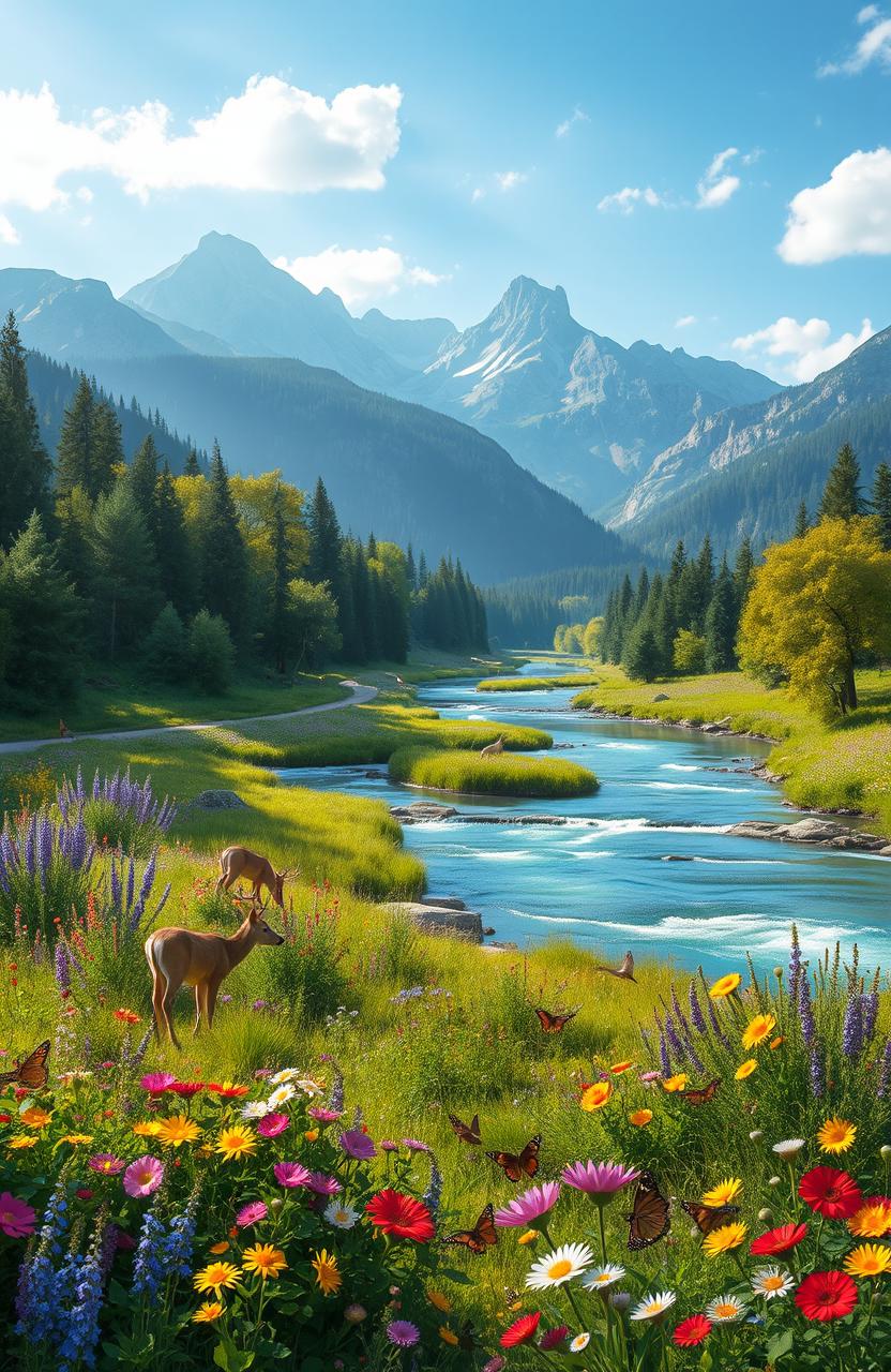A serene landscape depicting the healing power of nature, featuring lush green trees, vibrant wildflowers in a rainbow of colors, a crystal-clear river gently flowing, and mountains in the background bathed in soft sunlight