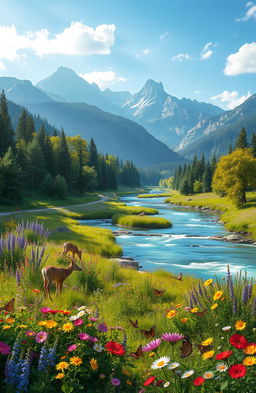 A serene landscape depicting the healing power of nature, featuring lush green trees, vibrant wildflowers in a rainbow of colors, a crystal-clear river gently flowing, and mountains in the background bathed in soft sunlight