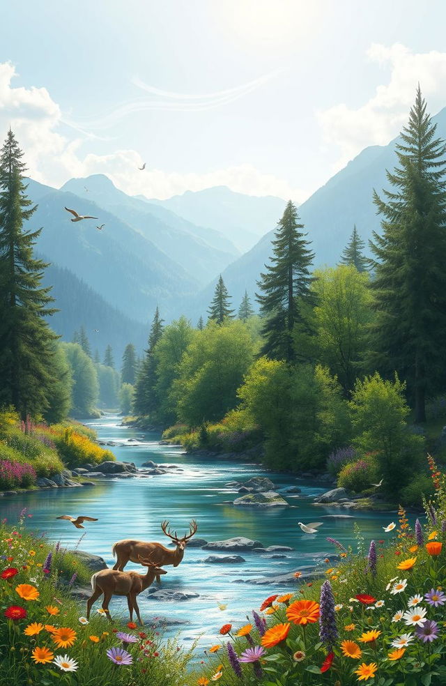 A serene landscape depicting the healing power of nature, featuring lush green trees, vibrant wildflowers in a rainbow of colors, a crystal-clear river gently flowing, and mountains in the background bathed in soft sunlight