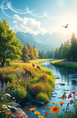 A serene landscape depicting the healing power of nature, featuring lush green trees, vibrant wildflowers in a rainbow of colors, a crystal-clear river gently flowing, and mountains in the background bathed in soft sunlight