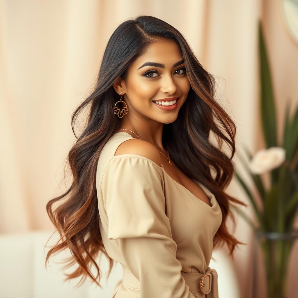 A beautifully styled scene featuring a confident woman with long flowing hair and an inviting smile, wearing a stylish outfit that accentuates her figure