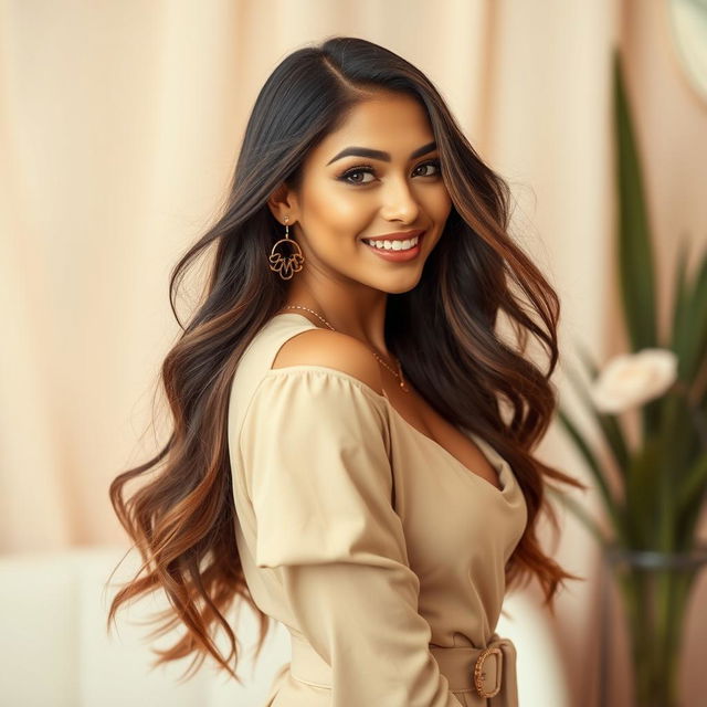 A beautifully styled scene featuring a confident woman with long flowing hair and an inviting smile, wearing a stylish outfit that accentuates her figure