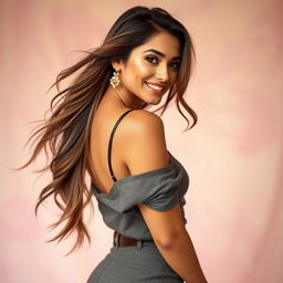 A beautifully styled scene featuring a confident woman with long flowing hair and an inviting smile, wearing a stylish outfit that accentuates her figure
