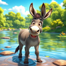 An animated image of a wet donkey standing by a river