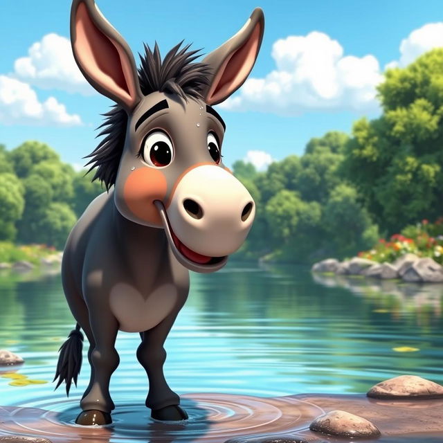 An animated image of a wet donkey standing by a river