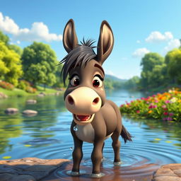 An animated image of a wet donkey standing by a river