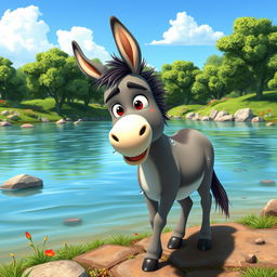 An animated image of a wet donkey standing by a river