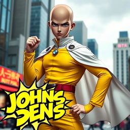 A person wearing a Saitama costume from the anime 'One Punch Man', characterized by the simple yellow jumpsuit, white cape, and signature bald head