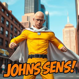 A person wearing a Saitama costume from the anime 'One Punch Man', characterized by the simple yellow jumpsuit, white cape, and signature bald head