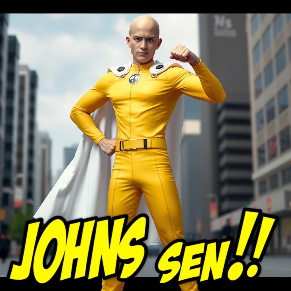 A person wearing a Saitama costume from the anime 'One Punch Man', characterized by the simple yellow jumpsuit, white cape, and signature bald head