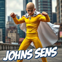A person wearing a Saitama costume from the anime 'One Punch Man', characterized by the simple yellow jumpsuit, white cape, and signature bald head