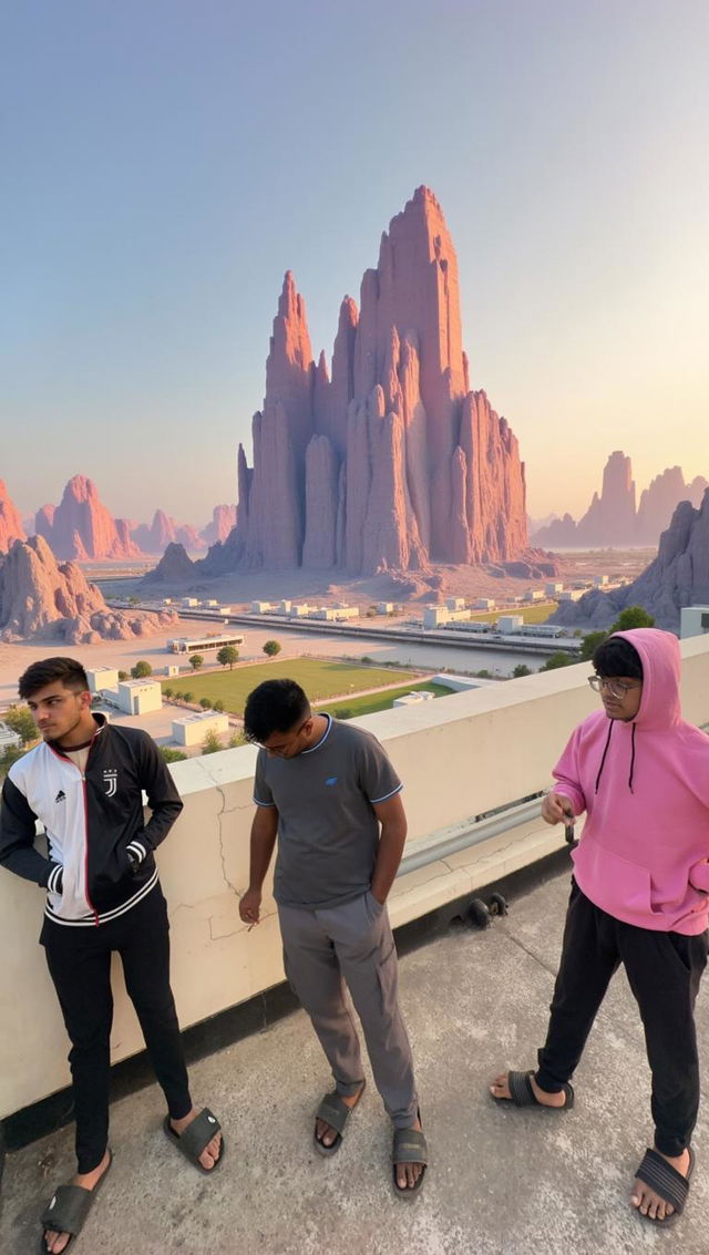 Three young adults standing together on a rooftop, under a vibrant, surreal sky filled with swirling colors and trippy patterns