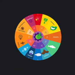 A vibrant and colorful 'Science Wheel' design divided into segments, each representing a different scientific term with an appropriate icon