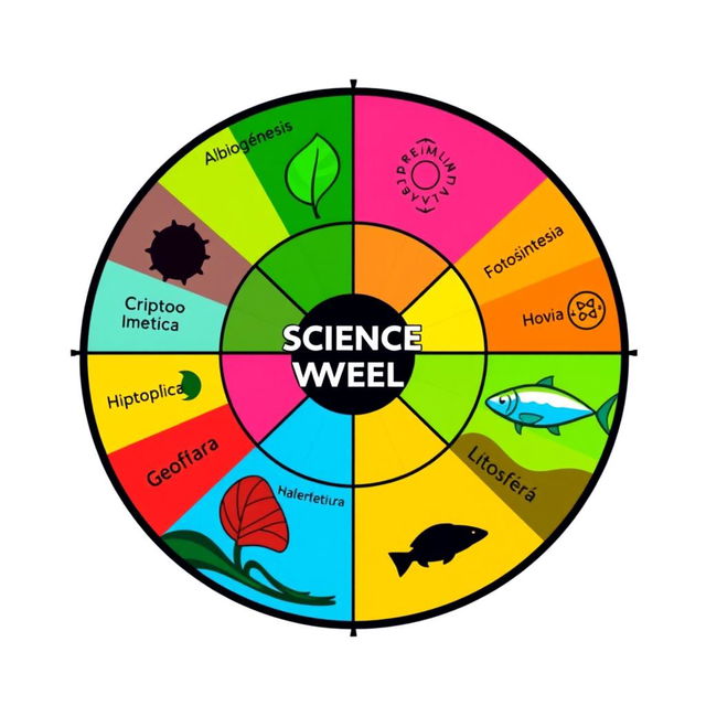 A vibrant and colorful 'Science Wheel' design divided into segments, each representing a different scientific term with an appropriate icon