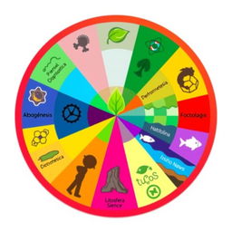 A vibrant and colorful 'Science Wheel' design divided into segments, each representing a different scientific term with an appropriate icon