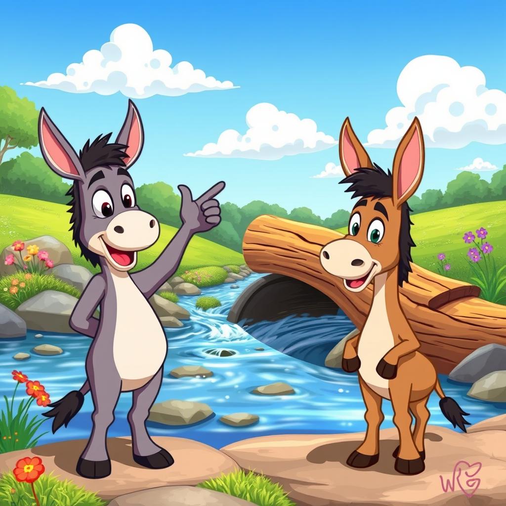 A whimsical animated scene of two cartoon donkeys standing beside a river