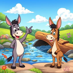 A whimsical animated scene of two cartoon donkeys standing beside a river