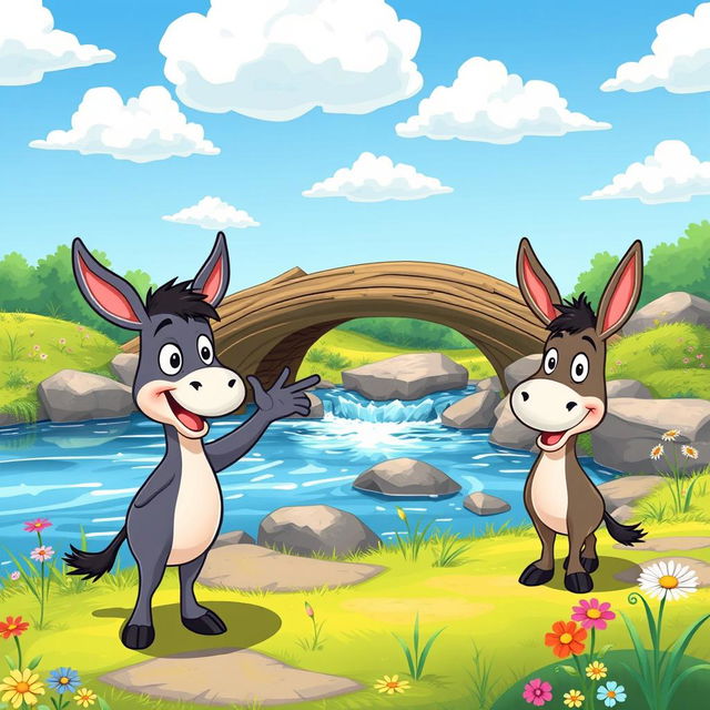 A whimsical animated scene of two cartoon donkeys standing beside a river