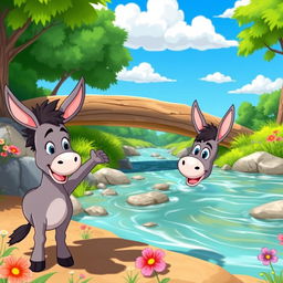 A whimsical animated scene of two cartoon donkeys standing beside a river