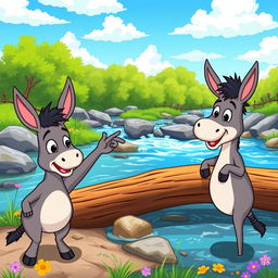 A whimsical animated scene of two cartoon donkeys standing beside a river