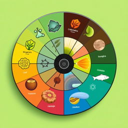 A beautifully designed 'Science Wheel' divided into segments, each illustrating a scientific term with a representative icon