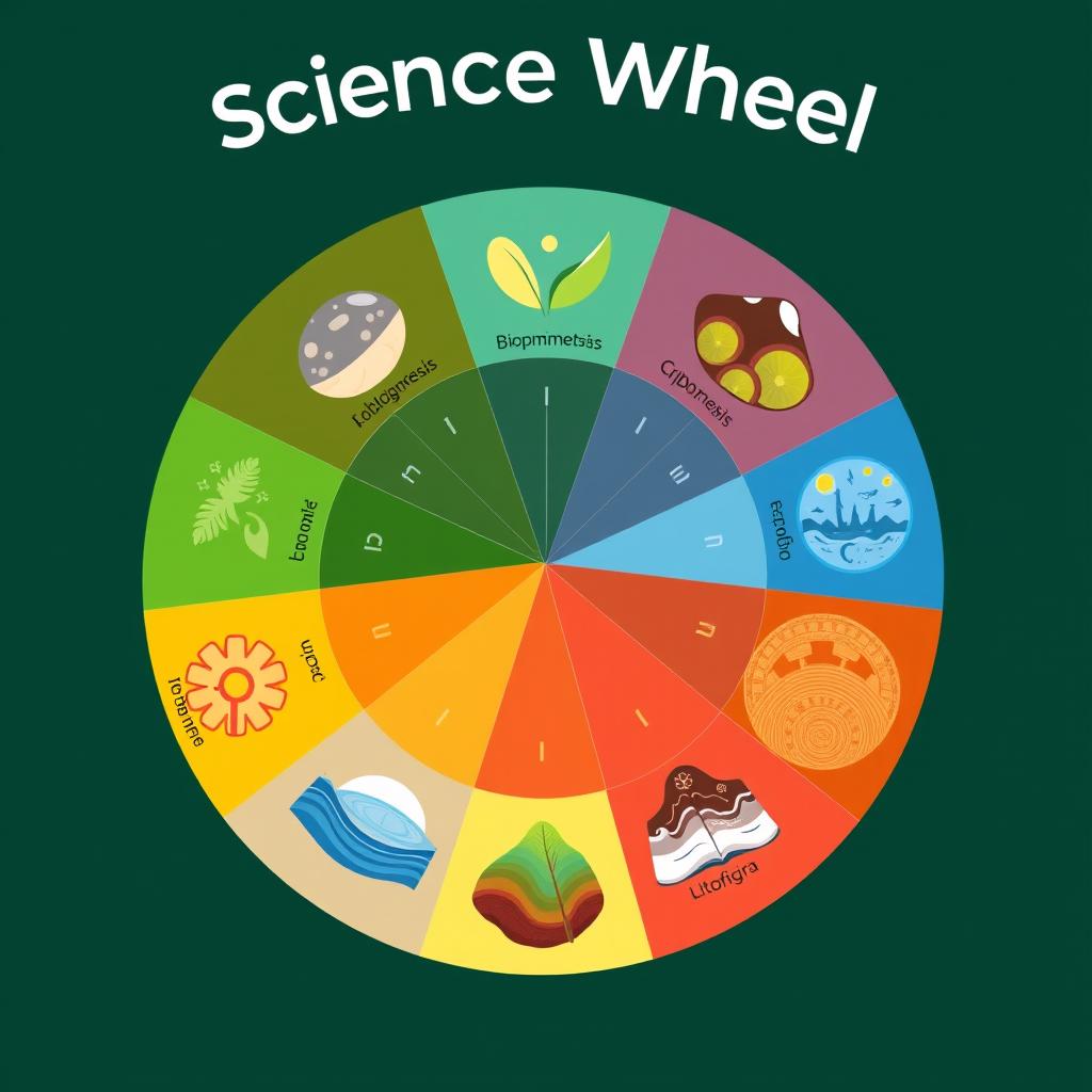 A beautifully designed 'Science Wheel' divided into segments, each illustrating a scientific term with a representative icon