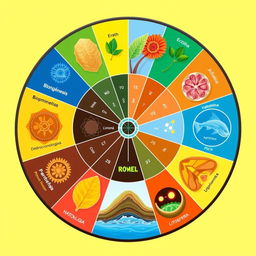 A beautifully designed 'Science Wheel' divided into segments, each illustrating a scientific term with a representative icon