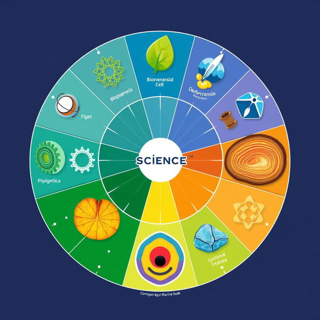 A beautifully designed 'Science Wheel' divided into segments, each illustrating a scientific term with a representative icon