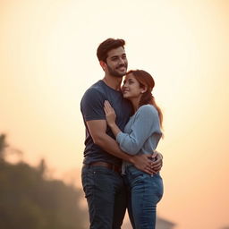A romantic scene depicting two lovers embracing each other, showcasing their height difference