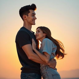 A romantic scene depicting two lovers embracing each other, showcasing their height difference
