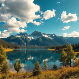 A stunning AI-generated image of a serene landscape featuring a tranquil lake surrounded by majestic mountains under a bright blue sky with fluffy white clouds