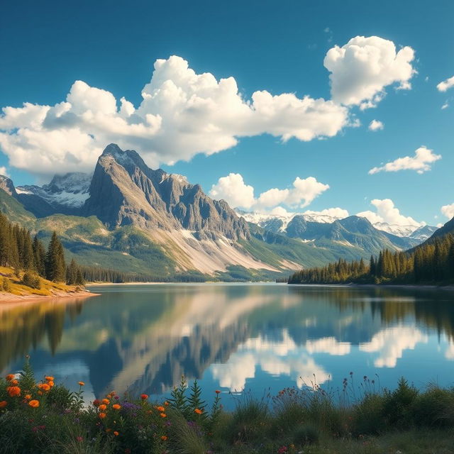 A stunning AI-generated image of a serene landscape featuring a tranquil lake surrounded by majestic mountains under a bright blue sky with fluffy white clouds