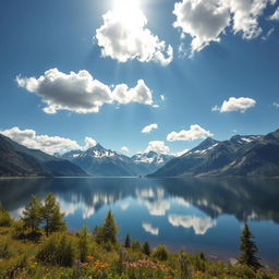 A stunning AI-generated image of a serene landscape featuring a tranquil lake surrounded by majestic mountains under a bright blue sky with fluffy white clouds