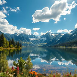 A stunning AI-generated image of a serene landscape featuring a tranquil lake surrounded by majestic mountains under a bright blue sky with fluffy white clouds