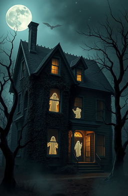 A spooky and atmospheric haunted house depicted in a ghostly manner, with an old, dilapidated facade covered in ivy and shadows