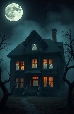 A spooky and atmospheric haunted house depicted in a ghostly manner, with an old, dilapidated facade covered in ivy and shadows