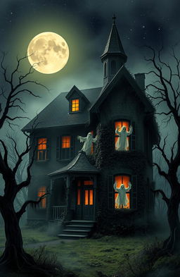 A spooky and atmospheric haunted house depicted in a ghostly manner, with an old, dilapidated facade covered in ivy and shadows
