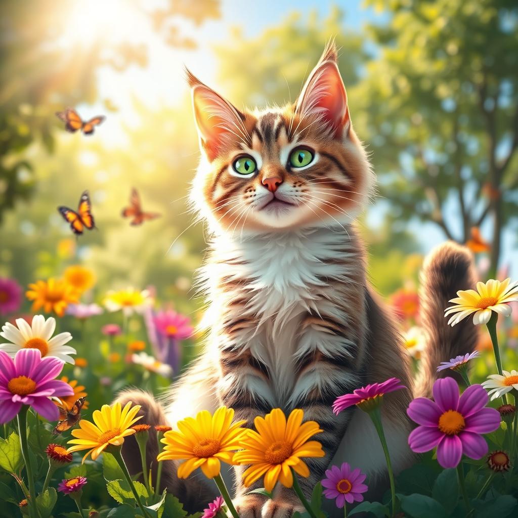 A joyful cat sitting in a sunny garden, surrounded by colorful flowers