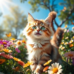 A joyful cat sitting in a sunny garden, surrounded by colorful flowers