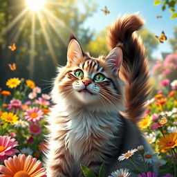 A joyful cat sitting in a sunny garden, surrounded by colorful flowers