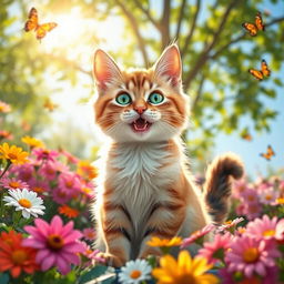 A joyful cat sitting in a sunny garden, surrounded by colorful flowers