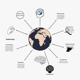 Conceptual map illustrating various philosophical elements: Apophatism represented by a symbol of negation (e
