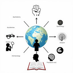 Conceptual map illustrating various philosophical elements: Apophatism represented by a symbol of negation (e