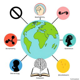 Conceptual map illustrating various philosophical elements: Apophatism represented by a symbol of negation (e