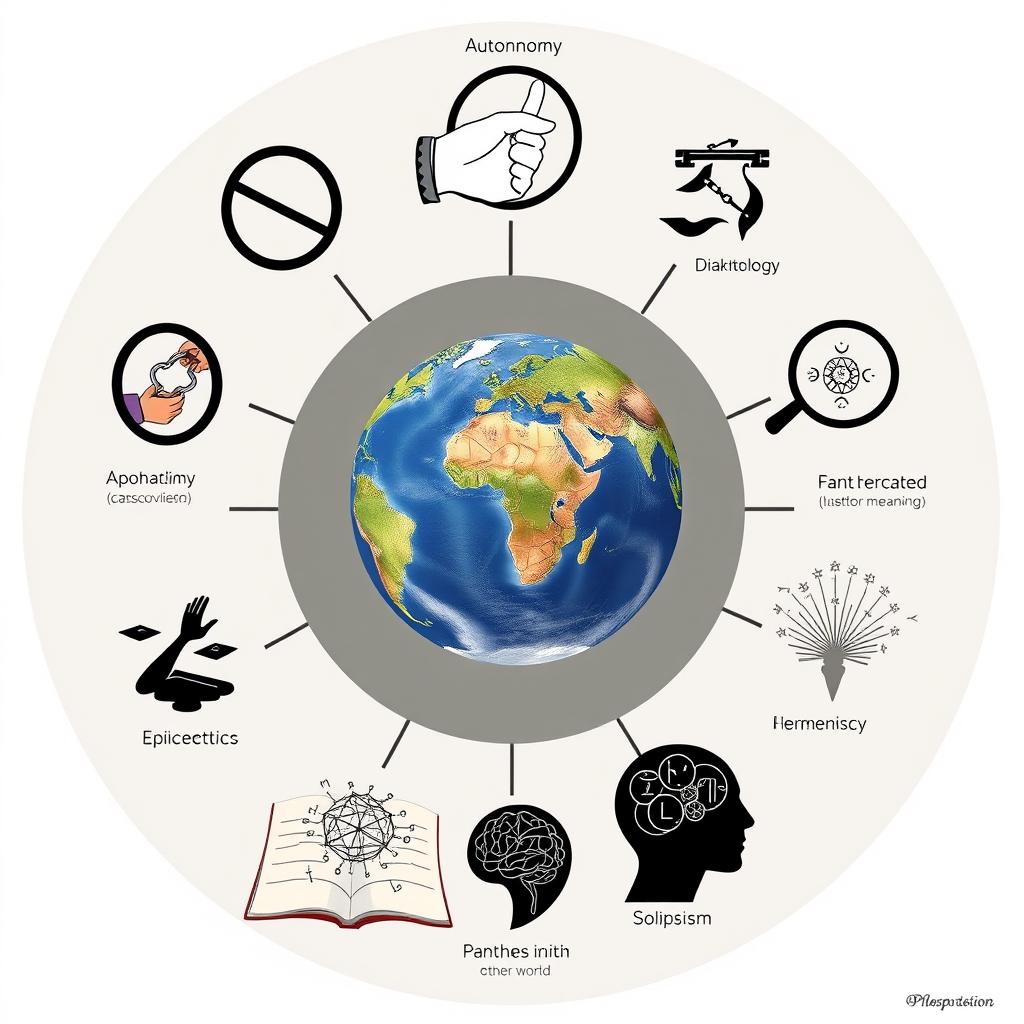 Conceptual map illustrating various philosophical elements: Apophatism represented by a symbol of negation (e