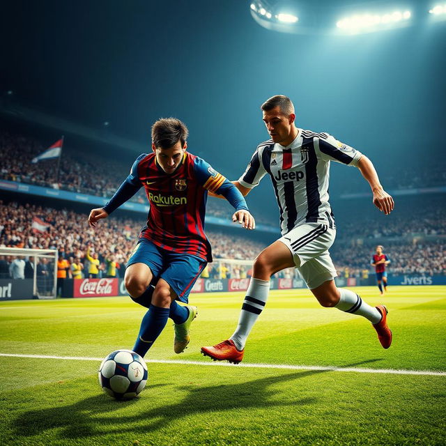 An intense and dynamic soccer scene showcasing Lionel Messi skillfully dribbling the ball past Cristiano Ronaldo on a vibrant soccer field