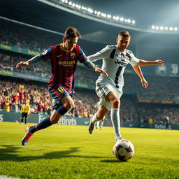 An intense and dynamic soccer scene showcasing Lionel Messi skillfully dribbling the ball past Cristiano Ronaldo on a vibrant soccer field