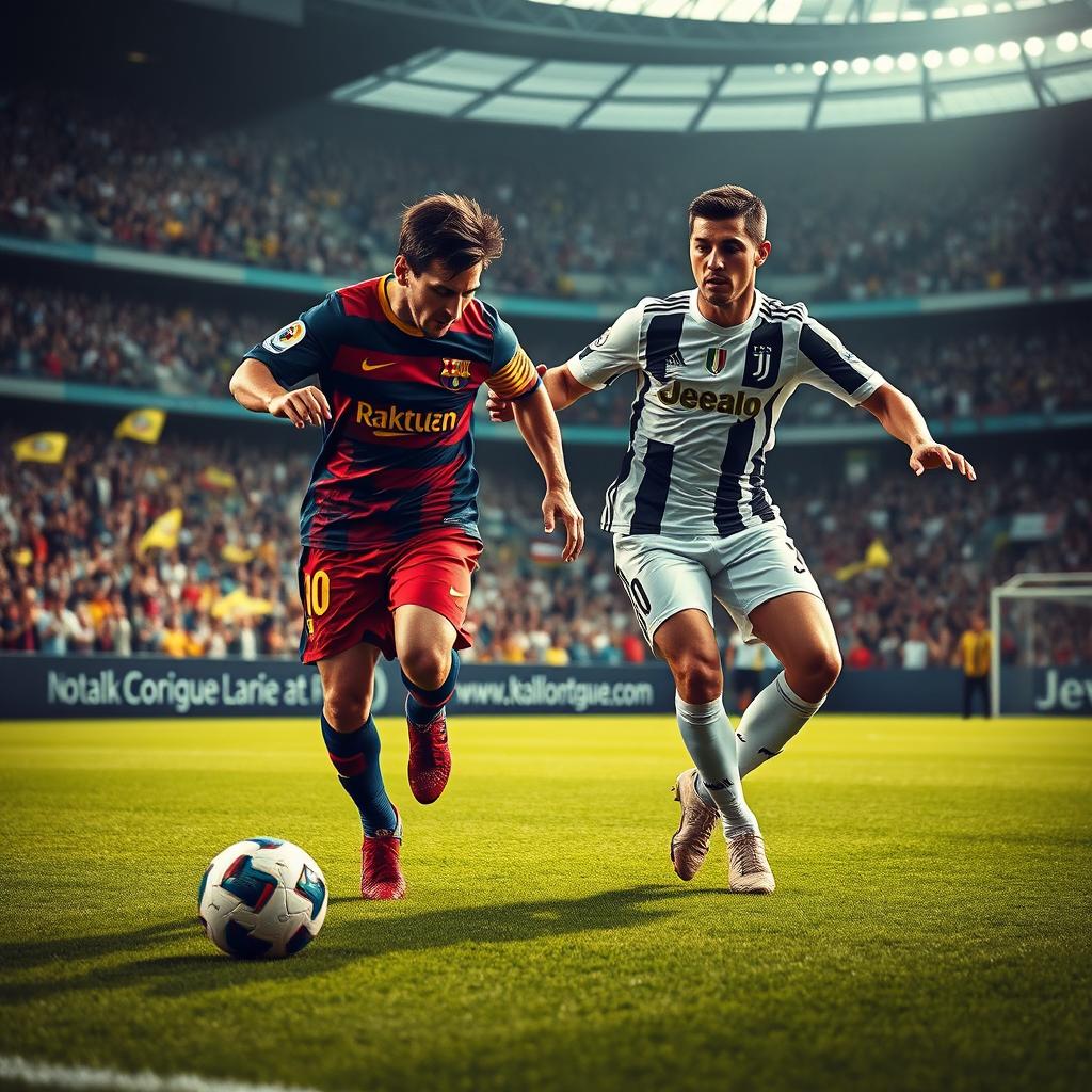 An intense and dynamic soccer scene showcasing Lionel Messi skillfully dribbling the ball past Cristiano Ronaldo on a vibrant soccer field