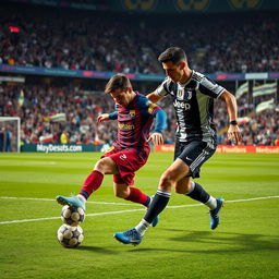An intense and dynamic soccer scene showcasing Lionel Messi skillfully dribbling the ball past Cristiano Ronaldo on a vibrant soccer field